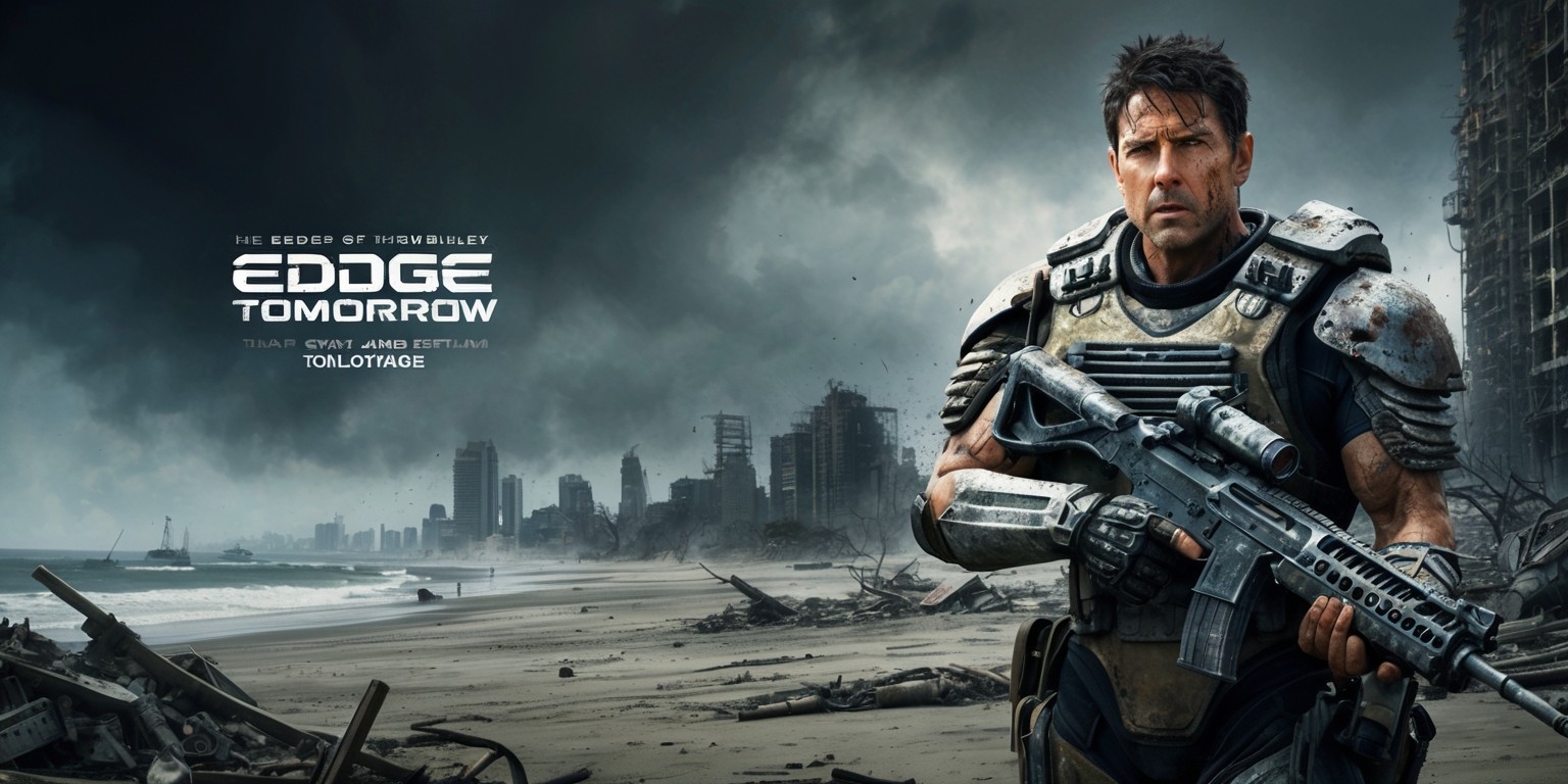 A futuristic, dystopian sci-fi scene inspired by the Edge of Tomorrow movie, set on a desolate, war-torn beach with a dark, ominous sky, featuring a worn, battle-hardened Major William Cage, played by Tom Cruise, standing in the foreground, wearing a blend of military and exoskeleton armor, with a determined expression on his dirty, sweat-drenched face, his short, dark hair messy and disheveled, his eyes intense and focused, holding a futuristic rifle, surrounded by the remnants of a fallen cityscape, with destroyed buildings, rubble, and debris scattered all around, and a subtle hint of the alien-like Mimics lurking in the shadows, with a sense of urgency, chaos, and desperation permeating the atmosphere, conveyed through a mix of muted, earthy tones and metallic hues, with bold, dynamic brushstrokes and textures.