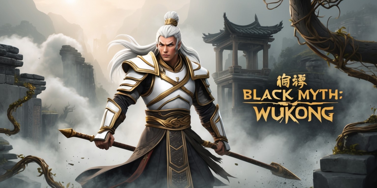 A majestic, action-packed illustration depicting the protagonist, Wukong, from the upcoming video game Black Myth: Wukong, set against a misty, ancient Chinese-inspired backdrop with crumbling stone structures and twisted vines. Wukong, donning his iconic white and gold armor, stands confidently with his staff at the ready, surrounded by swirling clouds of mist and subtle hints of golden light. His facial features are strong and determined, with piercing brown eyes and a strong jawline, complemented by flowing white hair that frames his face. The atmosphere is tense, with an air of anticipation, as if Wukong is prepared to face an unseen challenge. The color palette is predominantly dark, with muted earth tones and splashes of gold, emphasizing the mythological and mystical aspects of the game. The illustration style is a mix of traditional Chinese art and modern, gritty realism, with bold lines and intricate details. Text and logos, if present, are in a bold, golden font, with subtle, ornate patterns.