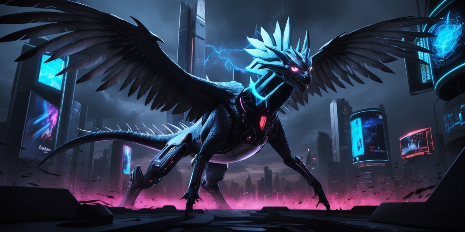 A futuristic, high-contrast illustration of a Blade Chimera, a hybrid creature from the game, set against a dark, neon-lit cityscape at dusk, with sleek skyscrapers and holographic advertisements reflective of a cyberpunk aesthetic, the chimera's body a fusion of organic and mechanical parts, its wings spread wide, revealing sharp, metallic feathers, its eyes glowing bright blue with an intense, otherworldly energy, its skin a dark, scaly grey, with visible circuitry patterns, the entire scene bathed in a muted color palette with accents of electric blue and crimson, conveying a sense of tension and foreboding, the chimera's face a mix of human and beast, with angular, sharp features and a mysterious, almosthuman expression.