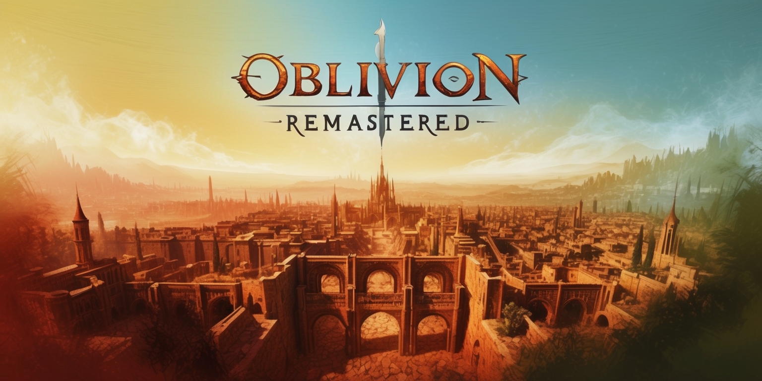A breathtakingly vibrant digital artwork depicting the iconic landscape of Oblivion Remastered, set against a warm, golden horizon with subtle gradient effects, evoking a sense of nostalgia and adventure. The image features a majestic, sprawling cityscape in the foreground, with intricately detailed stone structures, grand archways, and towering spires that seem to pierce the sky. Rich, earthy tones of sienna, umber, and olive green dominate the color palette, with hints of misty blue and warm sunlight casting a sense of wonder. In the distance, the faint outline of a mystical forest beckons, shrouded in an aura of mystery. The composition is balanced, with a sense of depth and dimensionality, drawing the viewer's eye towards the heart of the city. Every element, from the weathered stone to the wispy clouds, exudes a sense of gritty realism, inviting the viewer to step into the immersive world of Oblivion Remastered.