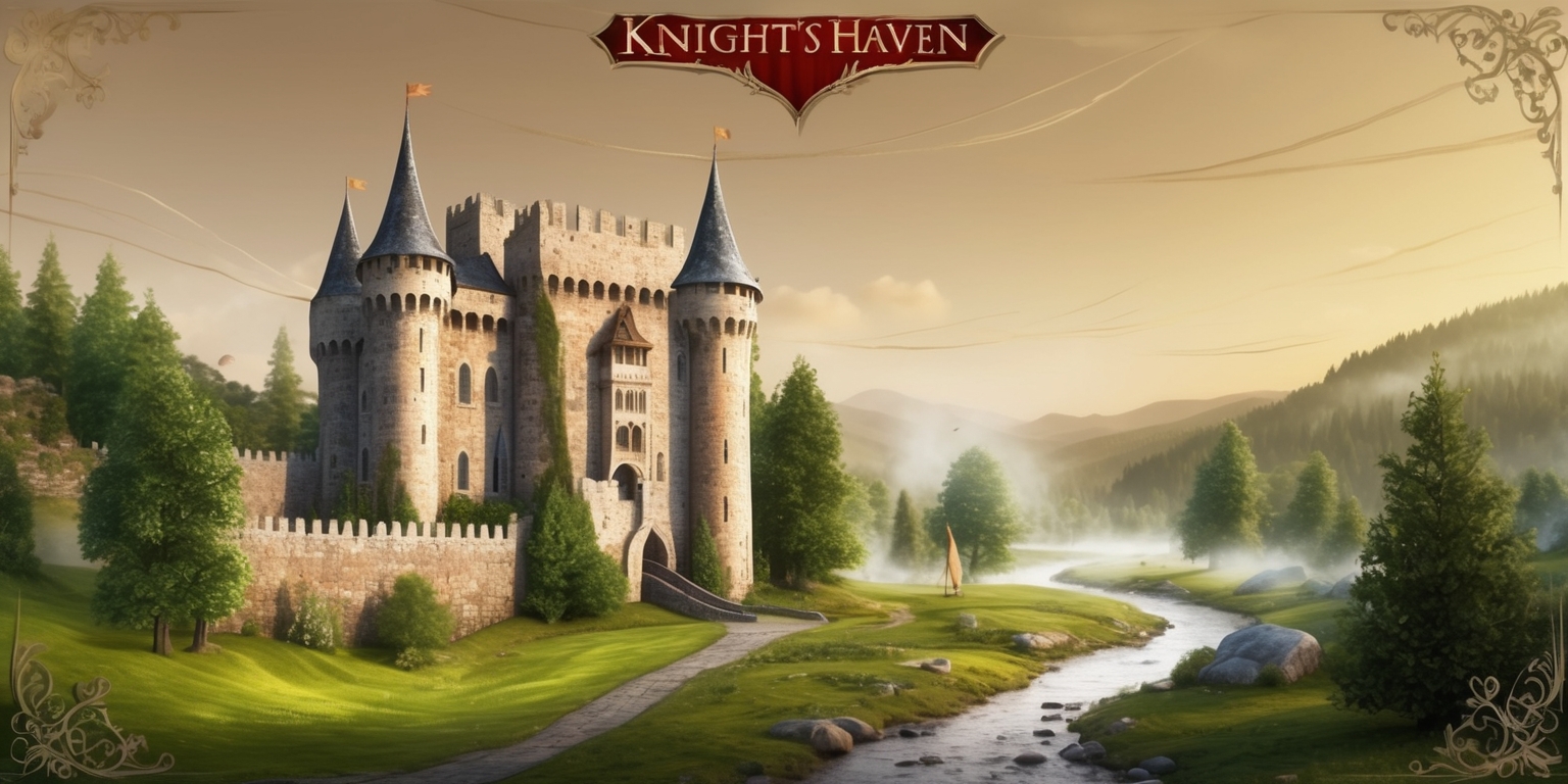 A serene and majestic medieval-inspired location, Knight's Haven, set against a warm golden hour sky with subtle wispy clouds, featuring a grand stone castle with towering spires and battlements, surrounded by lush green forests and rolling hills, with a meandering river flowing gently in the distance, its tranquil atmosphere evoking a sense of chivalry and honor, with hints of mist and fog adding a sense of mystery and enchantment, the entire scene rendered in a warm, earthy color palette with accents of silver and gold, inviting the viewer to step into a world of valor and adventure.