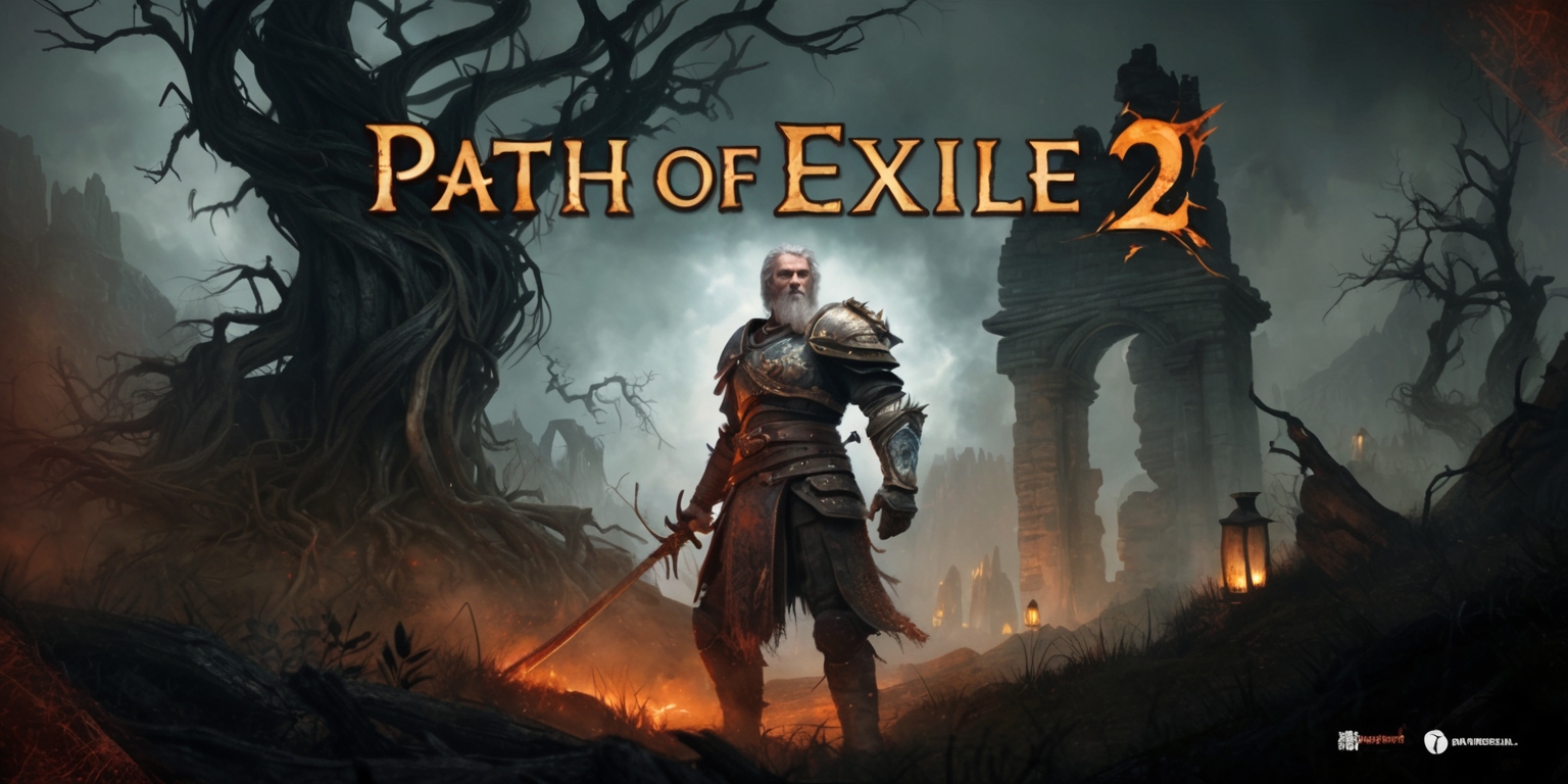 A dark fantasy-inspired video game poster for Path of Exile 2, featuring a dramatic, gothic landscape with twisted, gnarled trees and crumbling stone structures looming in the background. In the foreground, a hero stands tall, clad in worn, battered armor, with a determined look on their weathered, battle-scarred face, illuminated by the faint glow of lanterns or faint moonlight. The atmosphere is ominous, with subtle hints of mystical energies swirling around the hero, and an air of foreboding descends upon the scene. The color palette is muted, with earthy tones of brown, green, and gray dominating the landscape, punctuated by splashes of fiery red and orange hues. The title Path of Exile 2 is emblazoned across the top of the poster in bold, golden font, with subtle worn, distressed textures to evoke a sense of age and wornness. The overall aesthetic is gritty, dark, and foreboding, evoking a sense of danger and uncertainty.