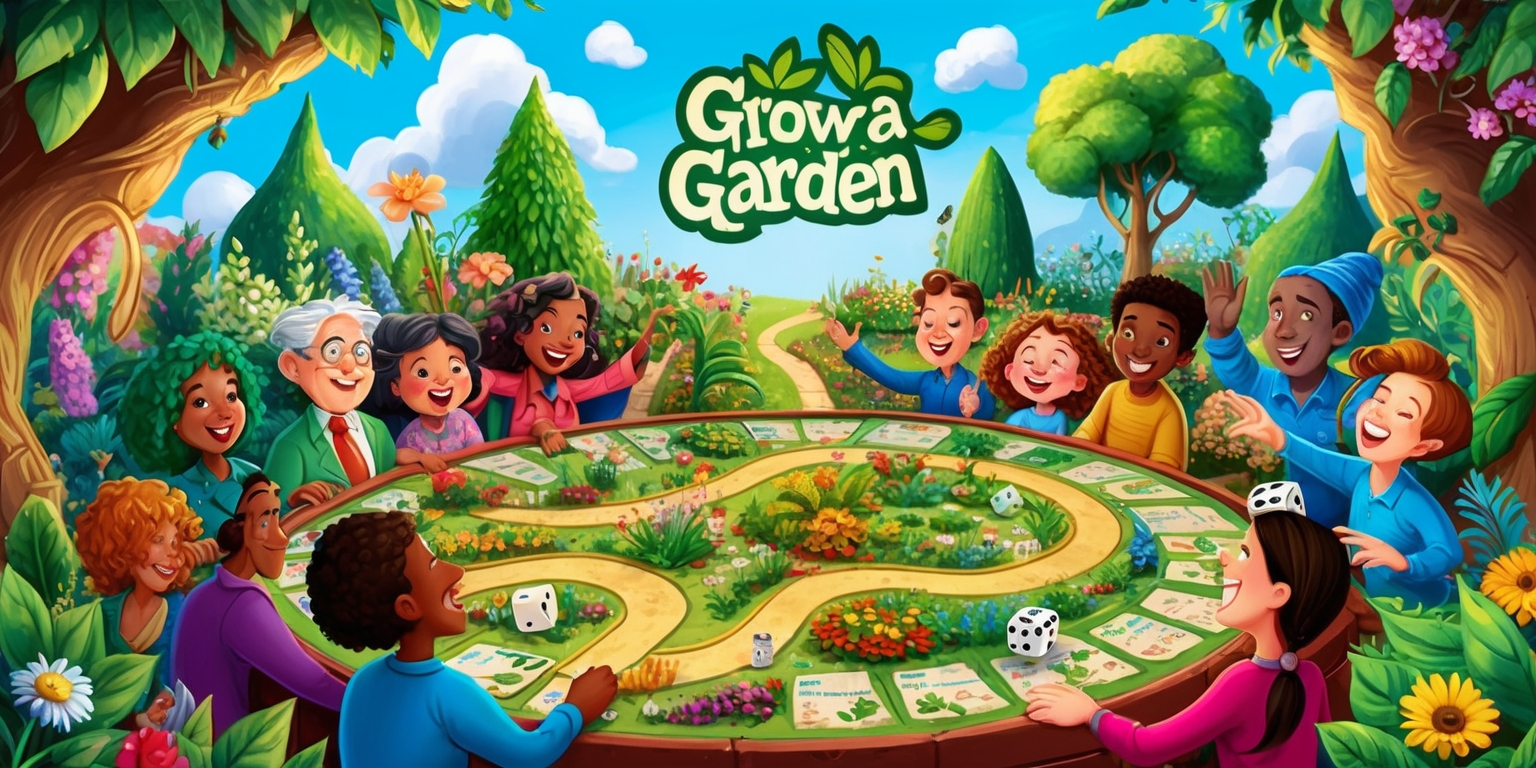 A vibrant and colorful illustration of a whimsical garden scene, depicting a variety of lush green plants, blooming flowers, and towering trees, with a bright blue sky and fluffy white clouds in the background, incorporating elements of a board game, such as a large game board with a winding path, game pieces, and dice, surrounded by a group of diverse people of different ages, skin colors, and facial features, all with joyful expressions, engaged in playing the game, with some examining the game board, others rolling the dice, and a few celebrating their progress, amidst a warm and cozy atmosphere, filled with natural textures, and earthy tones, with the game's logo, a stylized lettering of Grow a Garden, prominently displayed in a bold, curly font, in a bright green color, at the top of the game board.