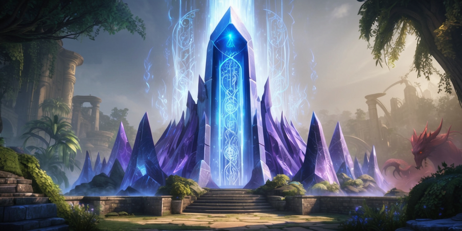 A majestic crystal structure rises from the heart of the mystical city of Atlan, surrounded by lush verdant foliage and ancient ruins, as if it has been awakened from a slumber, radiating an ethereal glow in shades of sapphire and amethyst, with intricate etchings and runes that pulse with a soft blue light, set against a misty atmospheric background with hints of gold and crimson, evoking a sense of wonder and adventure, with the subtle presence of mythic creatures lurking in the shadows, as if they are waiting to be discovered in this massively multiplayer online role-playing game world.