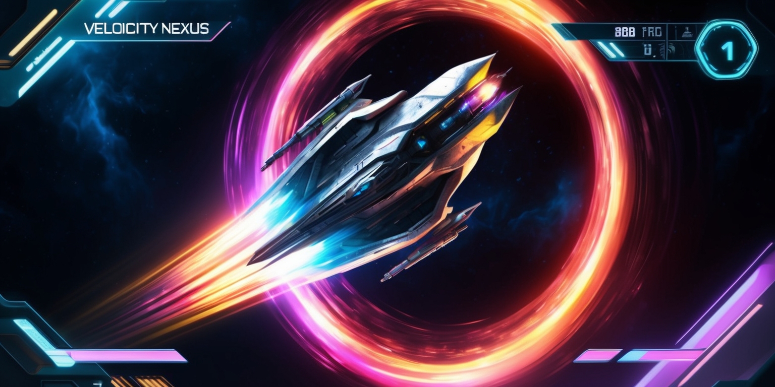 A futuristic video game scene from Velocity Nexus, featuring a high-speed spacecraft navigating through a vibrant, neon-lit wormhole, with intricate details on the ship's metallic surface and a mesmerizing trail of light behind it, set against a dark, starry space background with shades of blue and purple, and a sleek, modern user interface overlay displaying crucial game metrics in a bold, digital font, with a mix of warm and cool colors to convey a sense of intense action and thrilling velocity.