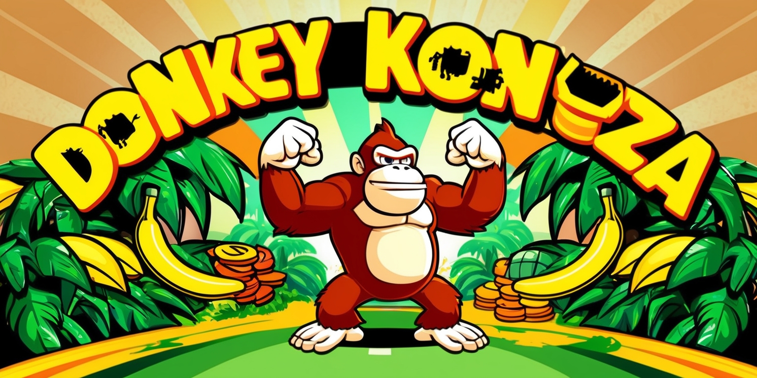 A vibrant and colorful illustration of Donkey KongBananza game, with the iconic giant ape standing triumphantly in the center, surrounded by lush green jungle foliage, bright bananas, and retro arcade-inspired elements, with bold lines, sharp shapes, and a dynamic layout that bursts with energy, featuring a warm color palette with shades of yellow, orange, and green, set against a subtle gradient background that evokes a sense of nostalgia and retro charm, with bold, rounded font text Donkey Kong Bananza emblazoned across the top in a curved line, with a slightly distressed, pixelated effect to evoke the feel of an old-school arcade game.