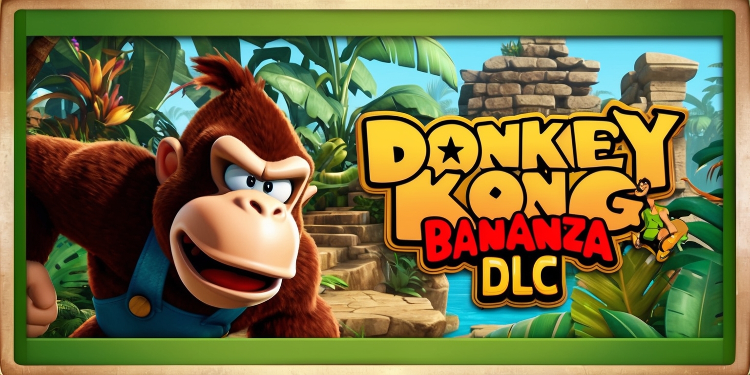 A vibrant and colorful digital illustration of the Donkey Kong Bananza DLC game, featuring Donkey Kong as the main character, with a focus on his facial features, including a determined expression and a furrowed brow, set against a lush jungle backdrop with exotic plants and ancient ruins, incorporating a mix of earthy tones such as green, brown, and beige, with bold and bright colors for the characters and power-ups, the game's logo prominently displayed in a bold, golden font with a fun and adventurous style, and the overall scene framed by a subtle border with a slight gradient effect to give it a dynamic and engaging look.