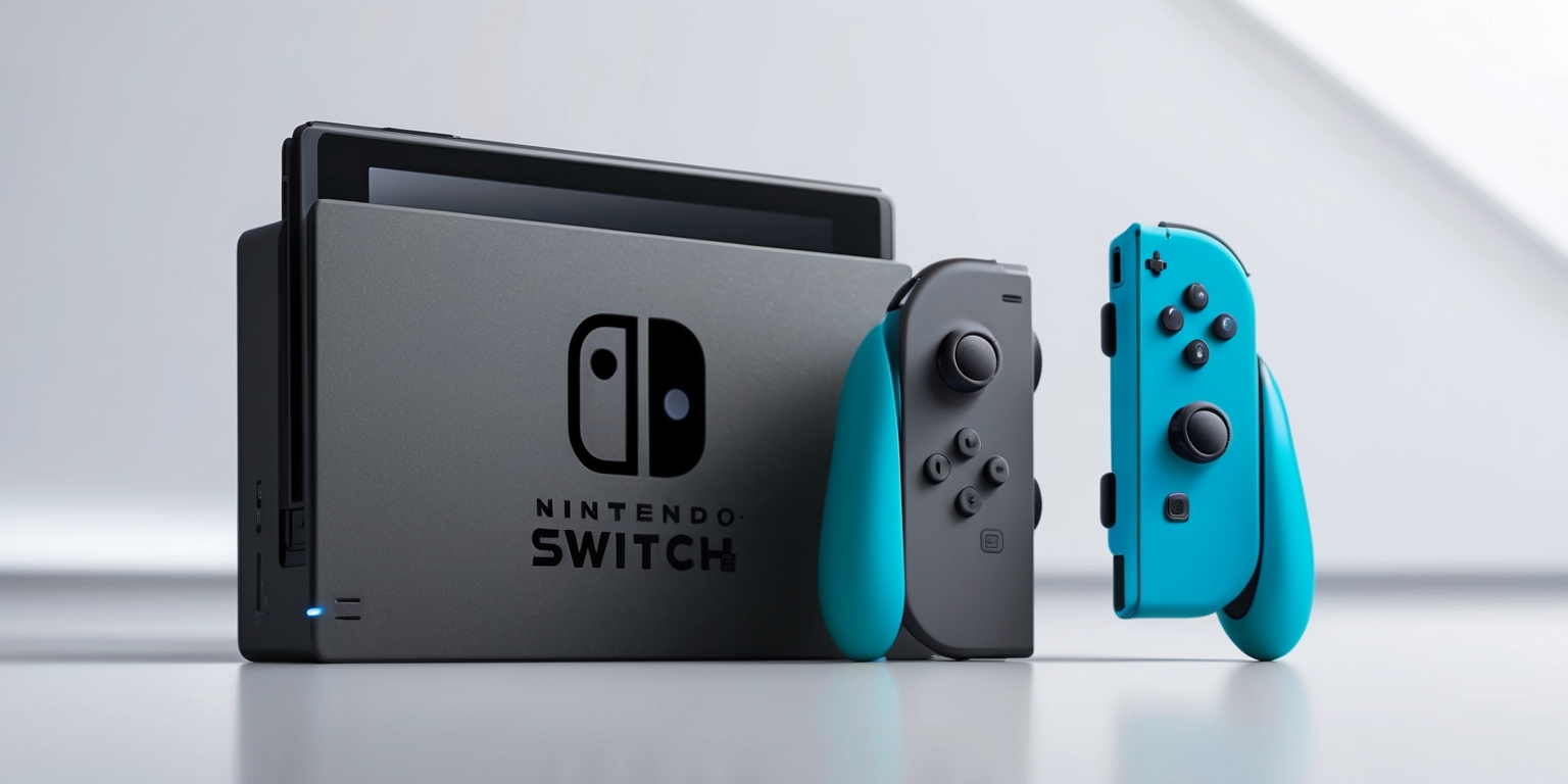 A sleek, modern Nintendo Switch 2 console sits diagonally on a clean, minimalist background, its matte finish and subtle curves accentuating its futuristic design, with a vibrant, electric blue Joy-Con controller attached to the right side, and a matching blue strip running along the top of the console, while a subtle LED light glows softly on the front, bringing a touch of elegance to the overall aesthetic, with every detail, from the vent grills to the button layout, rendered in precise, high-fidelity realism, and a slight, soft focus effect around the edges to draw the viewer's attention to the console itself.