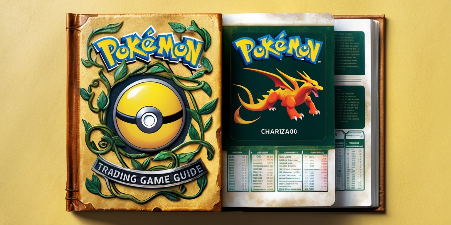 A comprehensive, high-quality guide for the Pokémon Trading Card Game, showcased as a worn, vintage book with a sturdy cover featuring a debossed, golden Poké Ball emblem on the front, surrounded by intricately illustrated, curved vines and leaves in shades of deep green and earthy brown. The background of the cover is a warm, creamy yellow, evoking a sense of nostalgia and wisdom. The title Pokémon Trading Card Game Guide is embossed in bold, metallic silver letters, curved to follow the shape of the Poké Ball. The book is open to a page featuring a beautifully rendered illustration of a fierce Charizard in mid-battle, with a subtle, glossy finish. The surrounding text is presented in a clean, modern font, with easy-to-follow diagrams and tables explaining card combinations and strategies. The overall aesthetic is warm, inviting, and reminiscent of a treasured, well-loved resource.