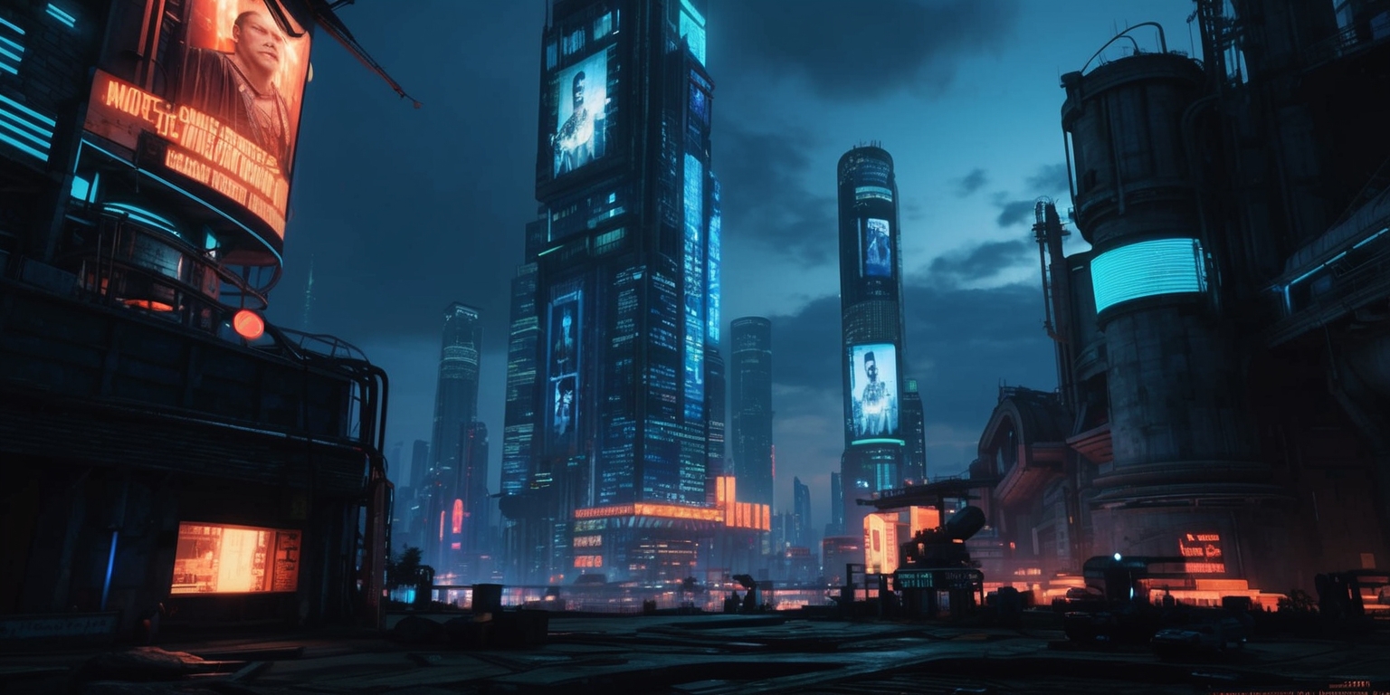 A futuristic cyberpunk cityscape at dusk, with neon-lit skyscrapers and towering augmented reality advertisements, set against a dark blue-gray haze, evoking the gritty, high-tech world of the Deus Ex series, where augmented humans and corporate conspiracies blur the lines between human and machine, with subtle hints of industrial machinery and worn concrete architecture in the background, illuminated by flickering fluorescent lights and holographic projections, capturing the essence of a dystopian near-future where humanity teeters on the edge of chaos and revolution, with a palette of deep blues, grays, and neon oranges, and a sense of intrigue, conspiracy, and rebellion lurking in every shadow.