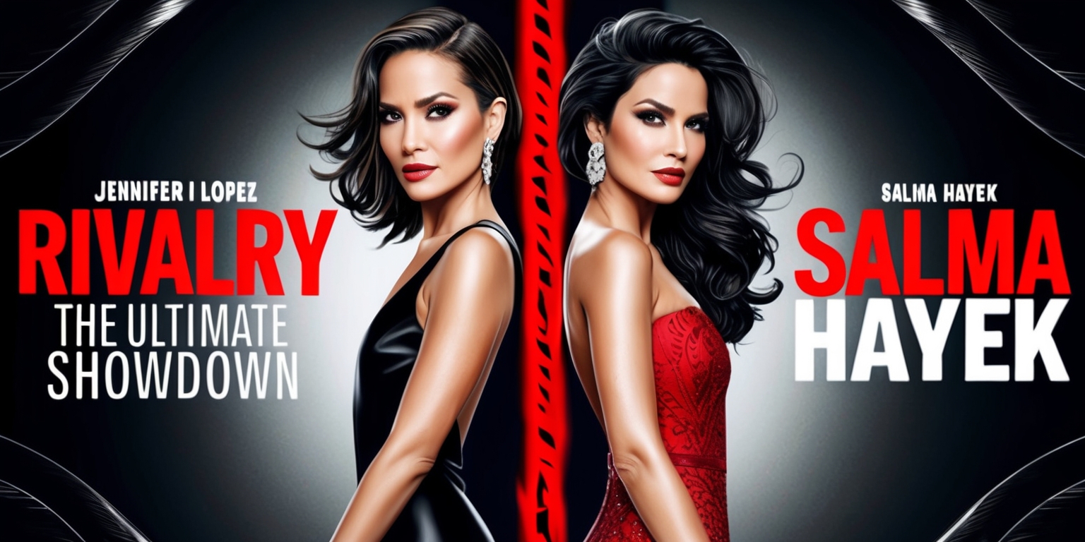 A dramatic, high-contrast illustration of Jennifer Lopez and Salma Hayek standing back-to-back, conveying a sense of rivalry and tension, set against a dark, gradient background with bold, eye-catching headlines and flashy magazine fonts, with the words Rivalry and The Ultimate Showdown in bright, fiery red, and their names Jennifer Lopez and Salma Hayek in bold, metallic silver, with intricate, swirling patterns and subtle, glamorous textures, capturing the essence of a celebrity magazine cover, with Jennifer Lopez wearing a sleek, black evening gown, her dark hair flowing down her back, her facial features defined by sharp cheekbones, full lips, and piercing brown eyes, and Salma Hayek dressed in a daring, red dress, her long, curly dark hair cascading down her shoulders, her facial features accentuated by prominent eyebrows, full lips, and captivating brown eyes, both women exuding confidence and sophistication.