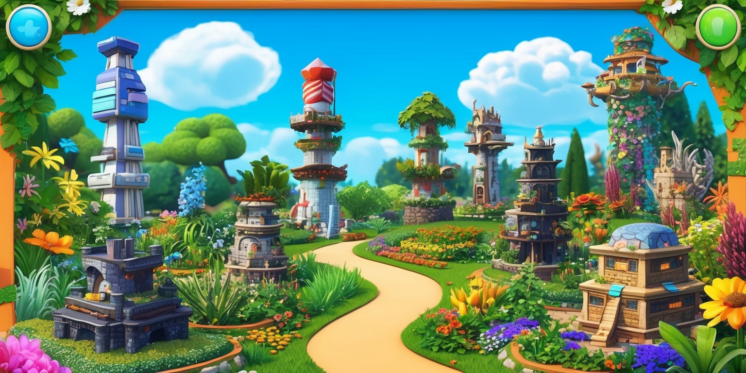 A colorful digital illustration of a Garden Tower Defense game scene, set in a vibrant garden filled with diverse plants and flowers, with various towers and defensive structures placed along a winding path, amidst a bright blue sky with fluffy white clouds, featuring a mix of realistic and fantastical elements, with tower designs ranging from modern and sleek to ancient and mystical, and a lively atmosphere, including detailed textures and patterns on the towers and surroundings, with a sense of depth and dimensionality, and a layout that showcases the game's unique blend of nature and strategy, with bold lines and dynamic shapes, and a palette of greens, browns, and blues that evoke a sense of growth and protection.