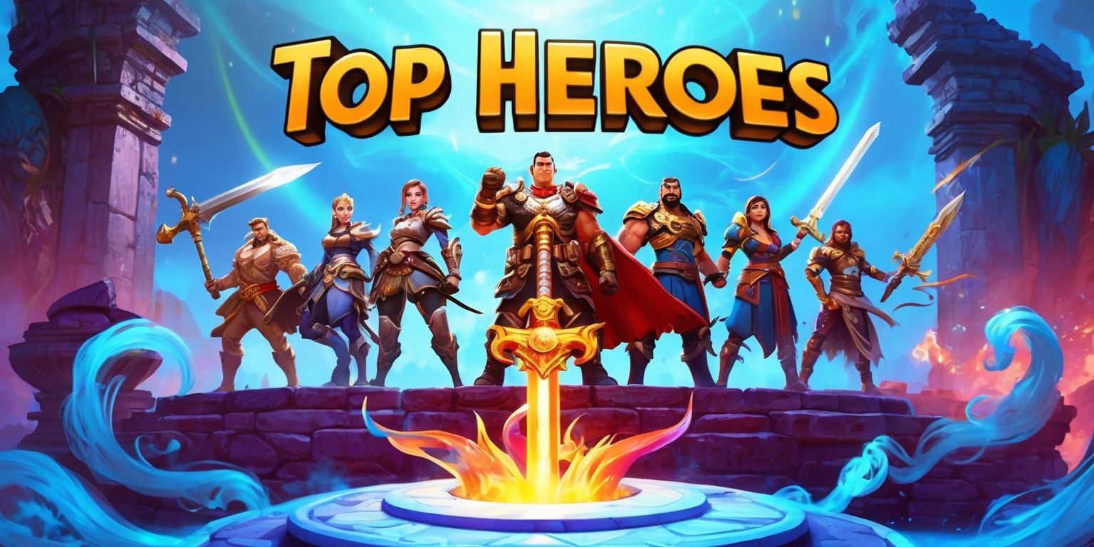 A vibrant, dynamic illustration of a fantasy-based video game, Top Heroes, with a bold, golden font displaying the title, set against a rich, gradient blue background, evoking a sense of adventure and heroism. The scene features a group of diverse, heroic characters standing triumphantly on a mystical, ancient ruin, surrounded by swirling mist and ethereal lights. Each hero has unique, intricate armor and accessories, showcasing their distinct skills and abilities. Their facial features are strong, determined, and expressive, with varying skin tones and hairstyles. In the foreground, a glowing, ornate pedestal bears a mighty sword, symbolizing the game's epic quest. The overall art style blends traditional fantasy elements with modern, high-definition rendering, exuding energy, action, and mythic grandeur.